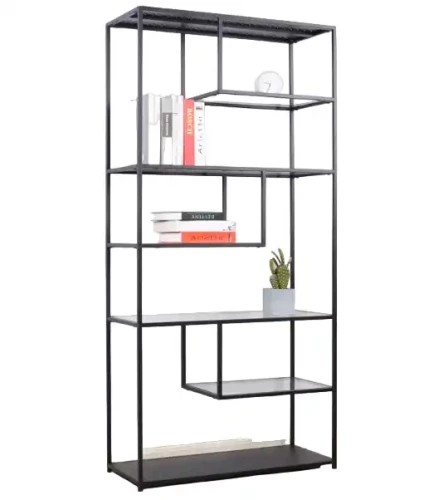 Metal and wood 6 tier bookshelf with decorative items.