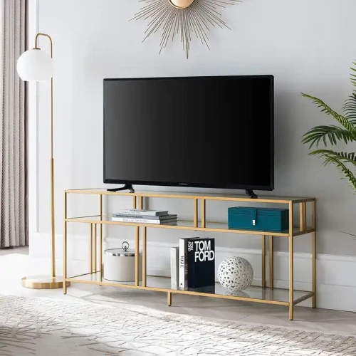 Modern TV stand cabinet with metal frame in living room.