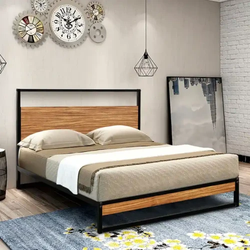 Metal Bed Frame with Headboard and Footboard in modern bedroom.