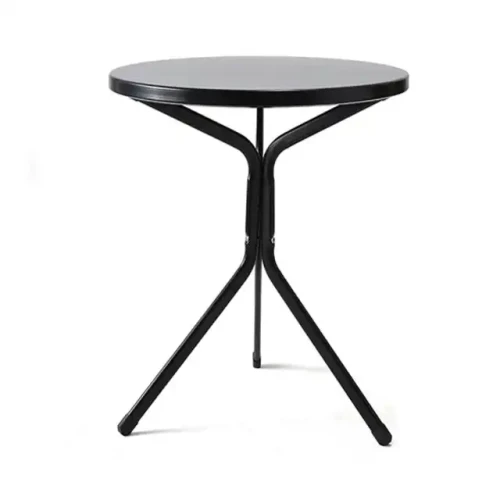 Table basse design ronde avec cadre en métal noir pour salon.
