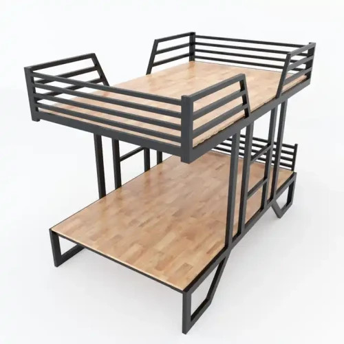 Metal bed frame with wooden planks, double-layer bunk.