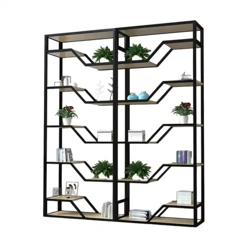 High Quality Stainless Steel Display Racks with plants and books.