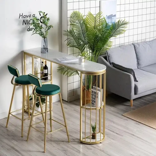 Hot-Selling Table and Chairs Iron Modern in a stylish living room with plants and sofa.