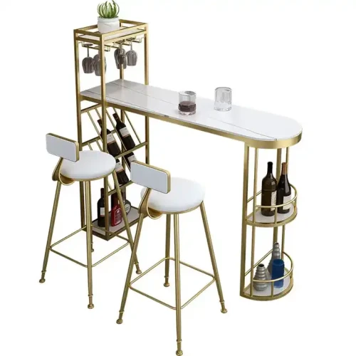 Modern metal bar table set with iron legs and two stools.