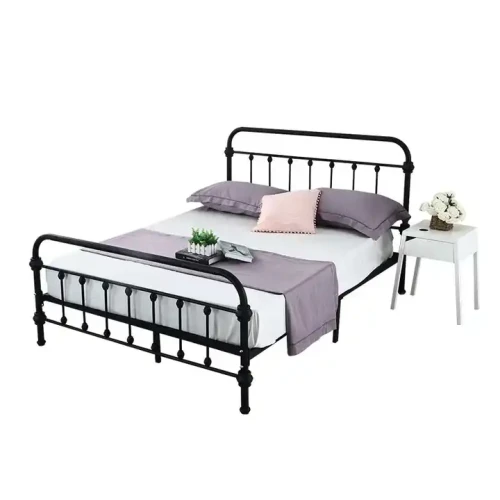 Queen size Customize Queen Metal Platform Bed Frame with bedding and nightstand.