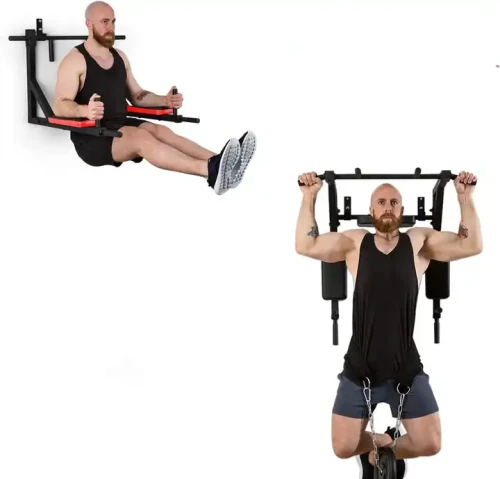 Man using Wall Mount Pull Up Bar for pull-ups and leg lifts exercises.