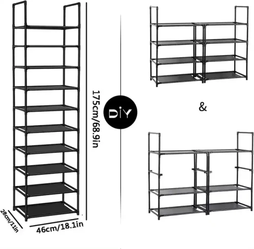 Étagère à chaussures en métal moderne, ajustable, pour divers espaces.