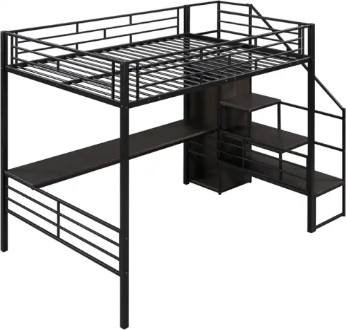 Lit superposé métallique détachable noir avec escalier, idéal pour dortoirs et hôtels.