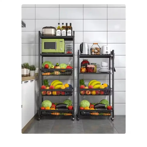Full-metal rolling storage organizer trolley with lockable wheels in kitchen filled with fruits and vegetables.