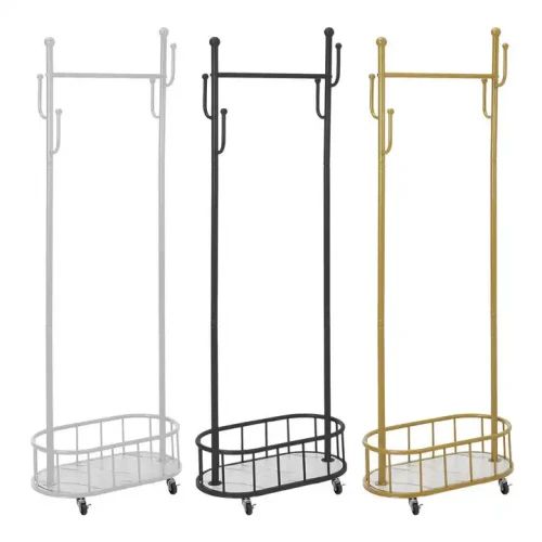 Three metal clothes hangers on wheels in different colors (white, black, and gold).