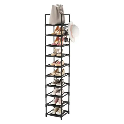 Tall Shoe Racks Large Capacity Shoe Storage Stand with Metal Shelves full of shoes and accessories.