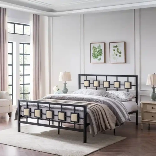 Modern metal bed with iron frame in dormitory setting.