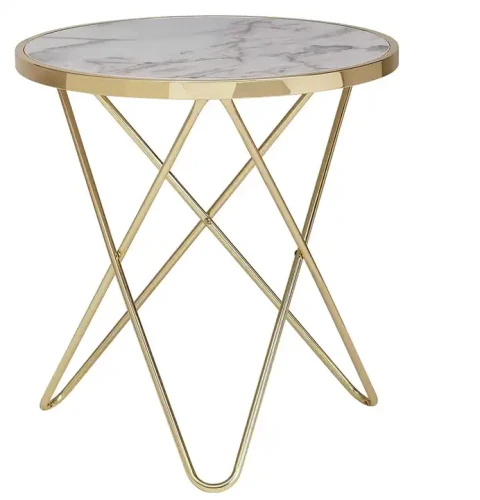 Moderner Luxus-Couchtisch mit goldenen Beinen und Marmorplatte.