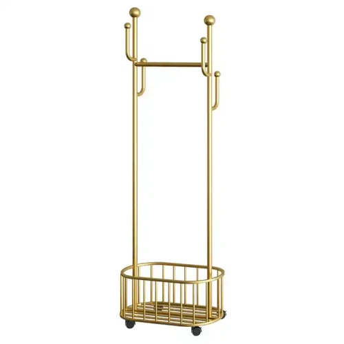 Gold metal garment rack with coat hanger and storage basket.