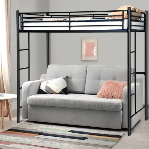 Modern New Design Metal Iron Beds Frame Super King Queen Double Full Size with grey sofa underneath.