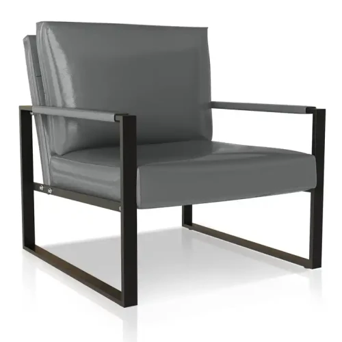 Chaise Moderne en Métal Noir avec Structure Industrielle en Similicuir Gris pour Salon.