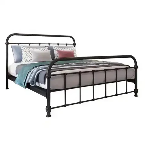 Black metal platform bed frame with pillows and blankets for bedroom, apartment, or hospital.