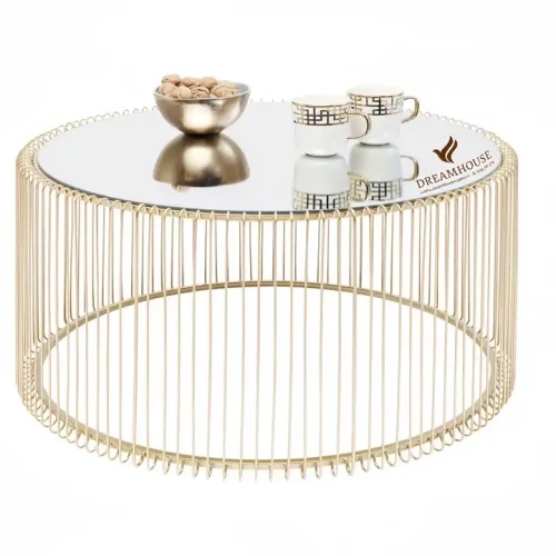 Dining Room Furniture Metal Frame Marble Top Dining Table Coffee Table with cups and bowl on top.