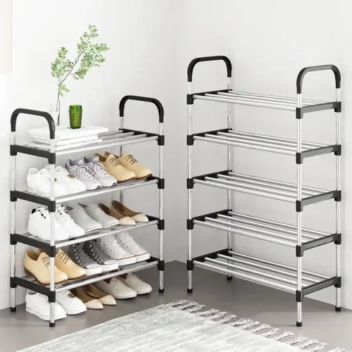Modern living room shoe rack with multiple layers holding various shoes.