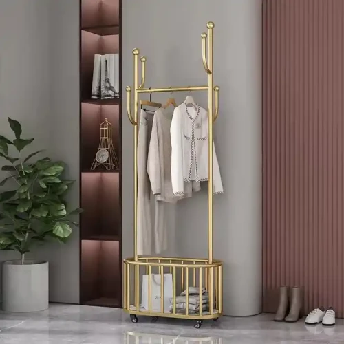 Retail Clothing Rails Display Racks Multifunctional Household Coat Hanger With Mesh Storage Basket Shelf in a modern home setting.