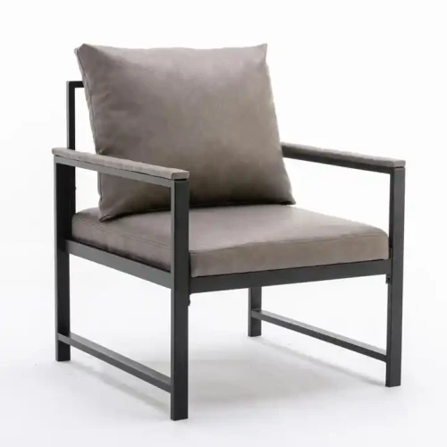 Black Metal Frame Chair with Gray Cushion for Living Room and Dining Room.