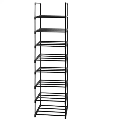 Étagère à chaussures en métal noire à huit niveaux pour le rangement.