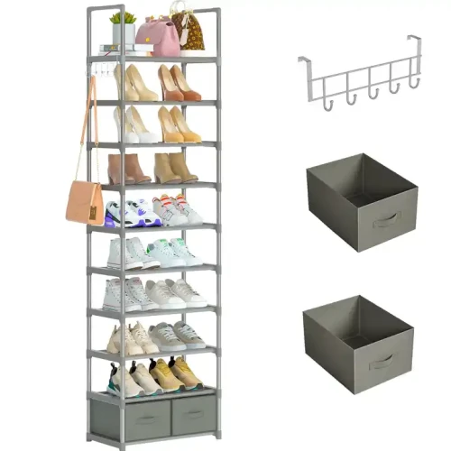 Space-saving Home Furniture Living Room Decoration Metal Material Shoe Rack with multiple shelves, handbags, hooks, and storage drawers