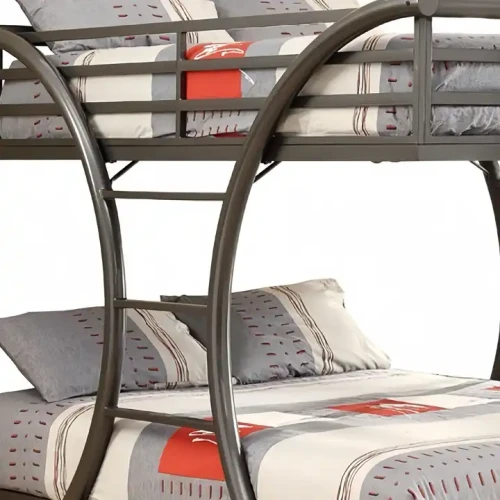 Lit superposé double en métal avec design moderne et matelas décoratifs.