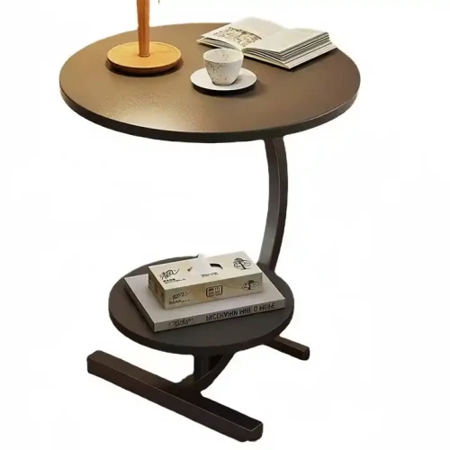 Round marble top coffee table with metal frame and shelf for home decor.