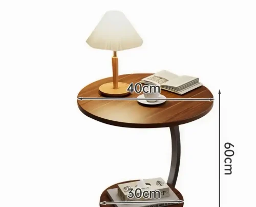 Round wooden coffee table with metal frame, marble top, and shelf, measuring 40cm in diameter and 60cm in height.
