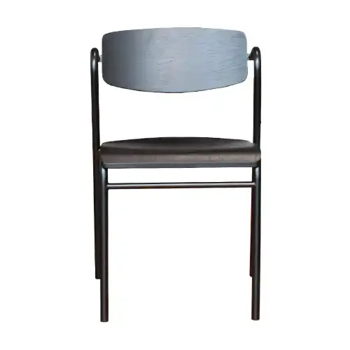 Chaise moderne de salle à manger avec cadre en métal et assise en bois, empilable.