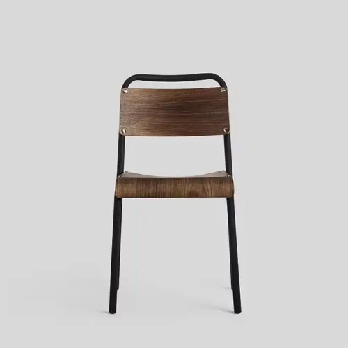 Modern stackable dining chair with metal frame and wooden seat.
