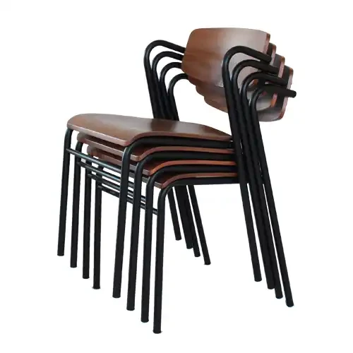 Stackable Contemporary-style Metal Chairs with Wood Seating.