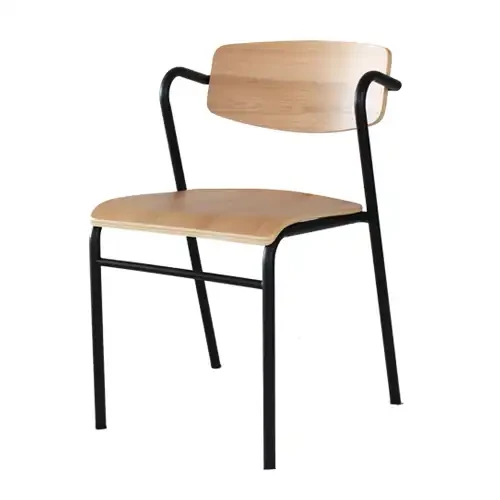 Contemporary-style metal chair with wood seating and backrest, black metal frame, durable stackable dining chair