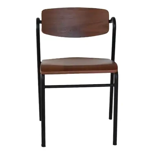 Modern Metal Frame Stackable Dining Chairs in dark wood finish.