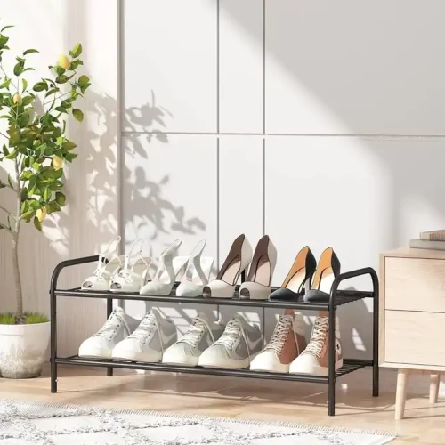 Space-Saving Multi-Layer Portable Metal Shoe Rack with assorted footwear in a modern indoor setting