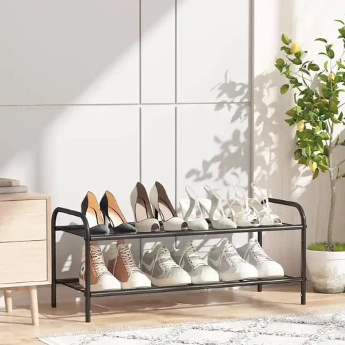 Modern Multi-Layer Portable Metal Shoe Rack with various shoes in a stylish indoor setting.
