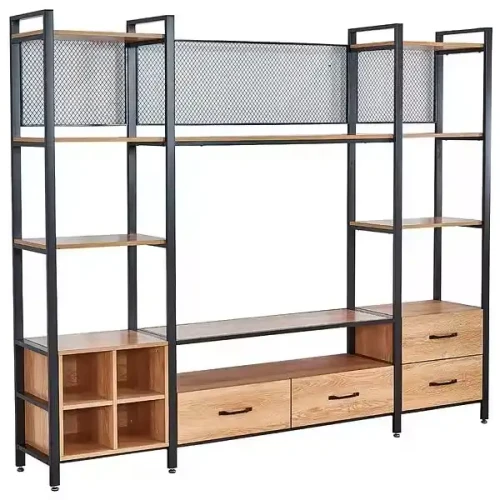 Modern Style Metal TV Stand with Shelves and Wooden Tray.