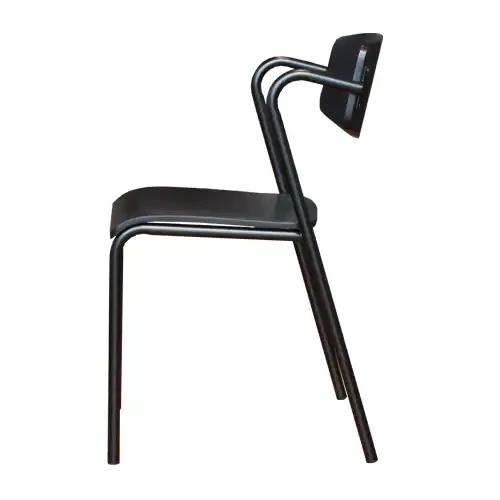Modern black metal frame dining chair, stackable for classrooms and restaurants.
