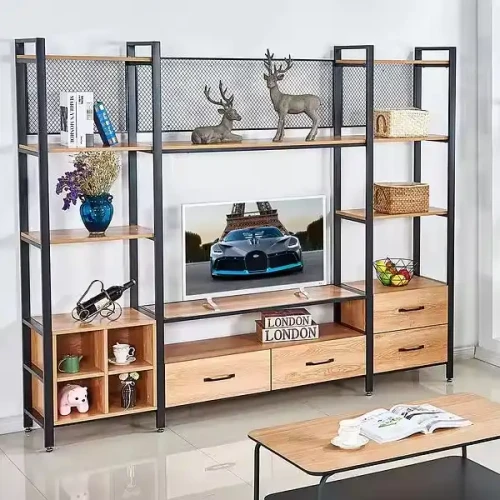 Modern Style Metal Tv Stands With Organizing Shelf And Wood Tray Indoor Living Room Home Furniture.