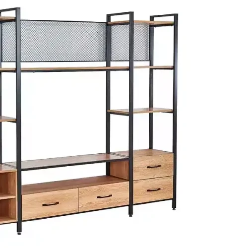 Modern Style Tall Metal TV Stand with Shelves and Wood Trays for Indoor Home Furniture Organizing.