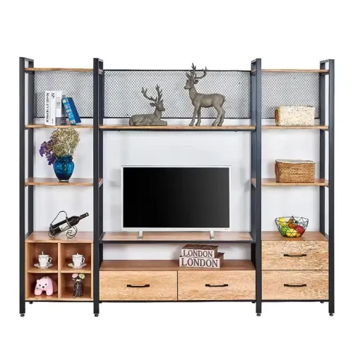 Moderne Design Große Metall-TV-Ständer mit Regalen und Holzablagen zur Organisation von Innen- und Außenmöbeln, mit Dekorationen und TV.
