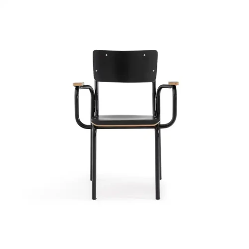 Modern black metal frame wood seating dining chair with armrests.