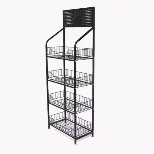 Standard-Supermarktregale aus Metall mit fünf Drahtkörben.