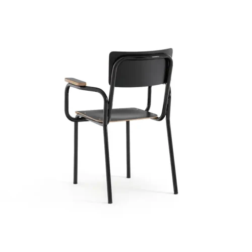 Stapelbarer Esszimmerstuhl mit Metallrahmen und Holzsitzfläche in modernem Design.