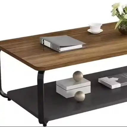 Table basse rectangulaire moderne avec plateau en bois, cadre en métal, pour salon.