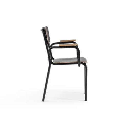 Modern Sleek Home Dining Chair Stackable Design with Metal Frame and Wood Seating Side View