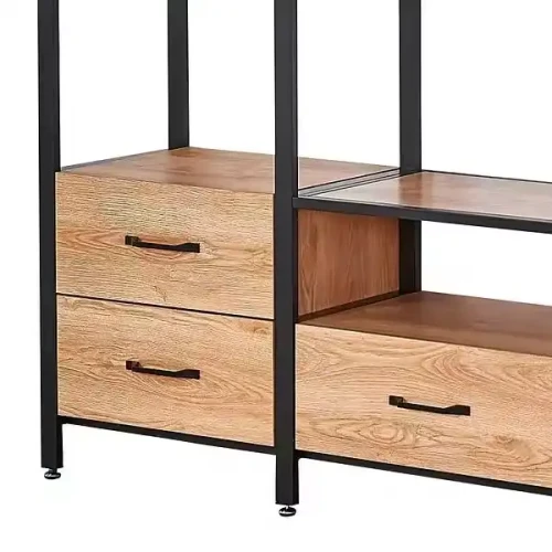Modern Home Furniture-Big Metal TV Stand with Wooden Shelves and Drawers.