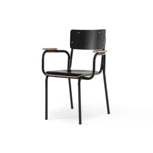 Chaise de salle à manger moderne, empilable, avec cadre en métal noir et assise en bois.