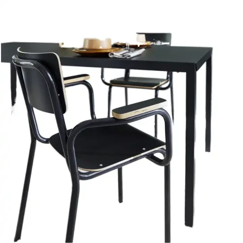 Chaises modernes et élégantes d'intérieur en métal et bois autour d'une table noire.